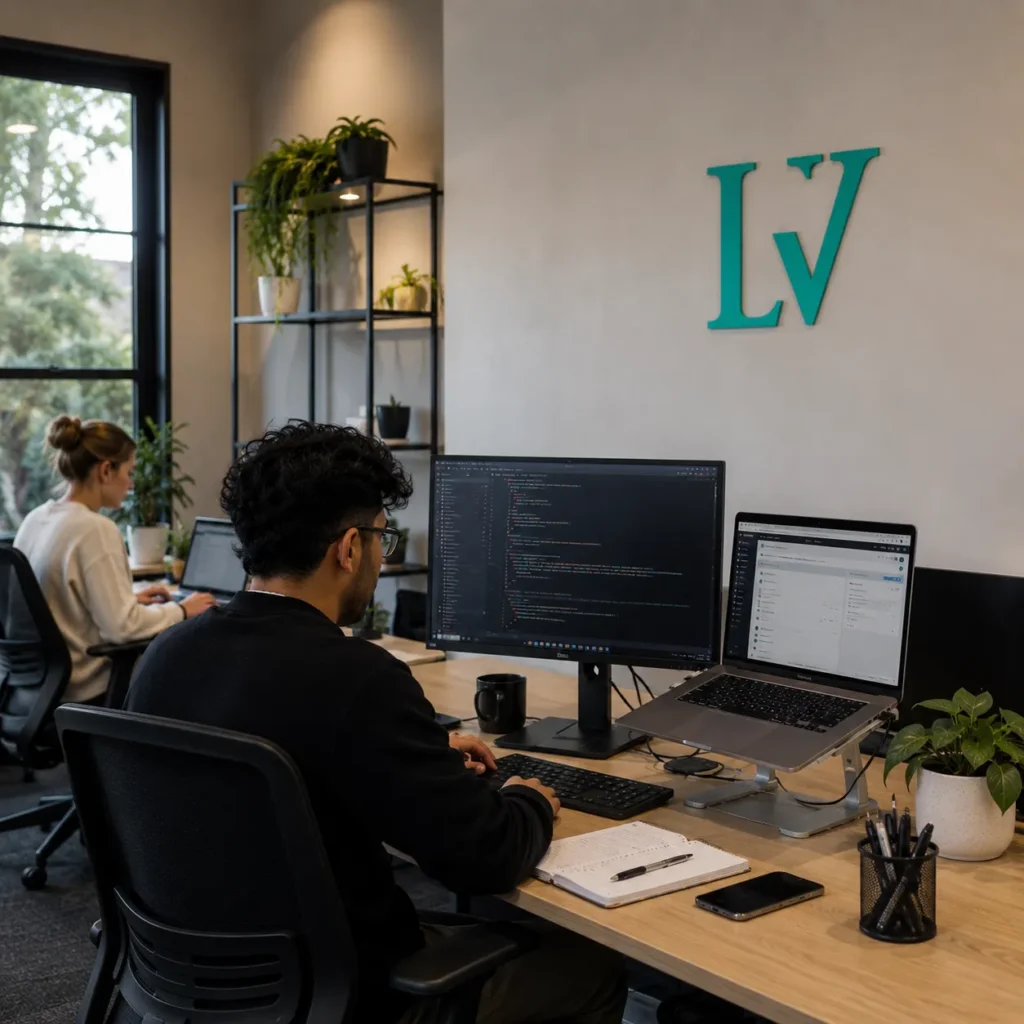 A Livan developer writing custom WordPress theme code on a dual-screen setup