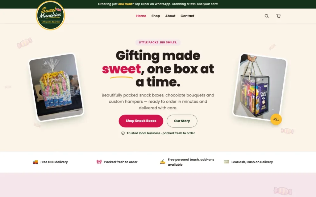 Sweet Munchies homepage — snack boxes and chocolate bouquets store built on WooCommerce